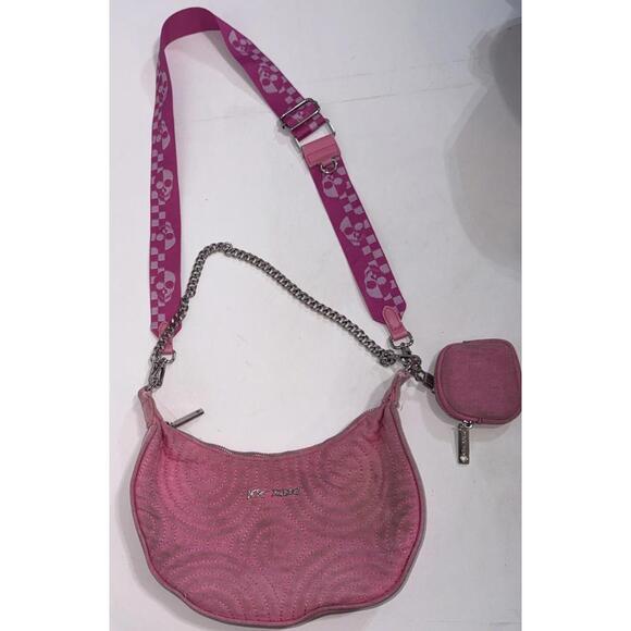 Betsey Johnson XOVALLI Pink Skull Crossbones Embroidered Crossbody Shoulder Bag - Picture 2 of 12